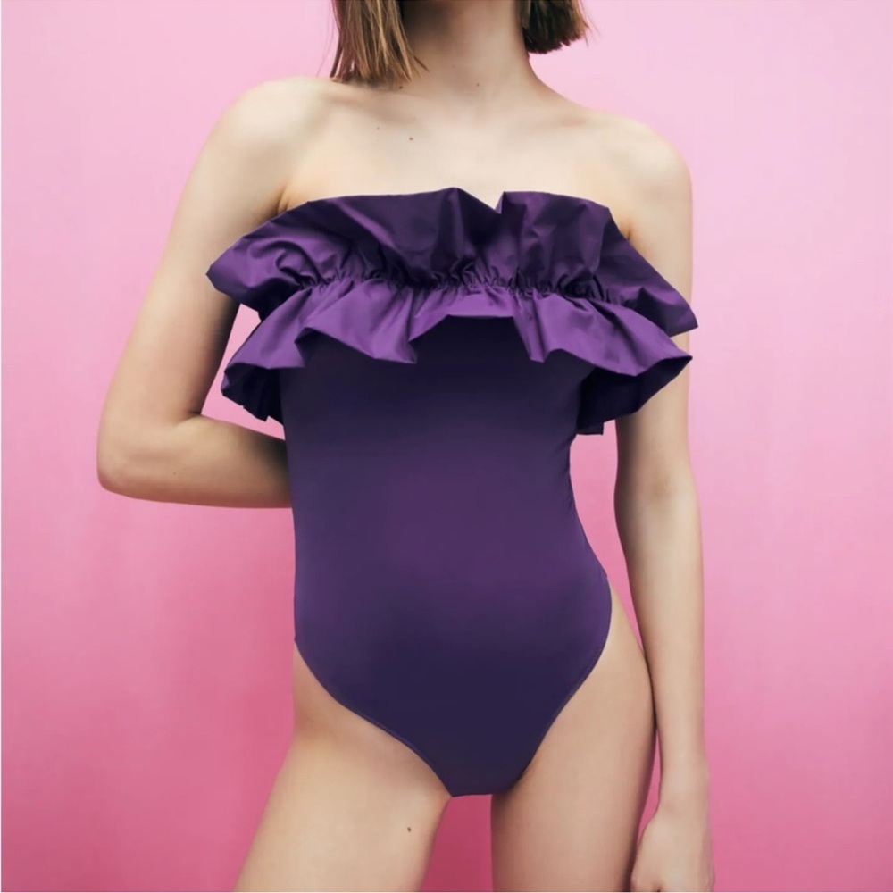 NWT Zara One Piece Ruffle Swimsuit Dark Purple